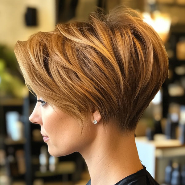 Voluminous Caramel Pixie, Effortless Pixie Haircut, short haircut for women