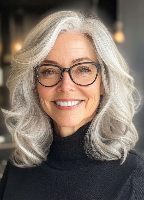 Silver Layered Waves, Medium-Length Haircut For Women Over 60 with Glasses