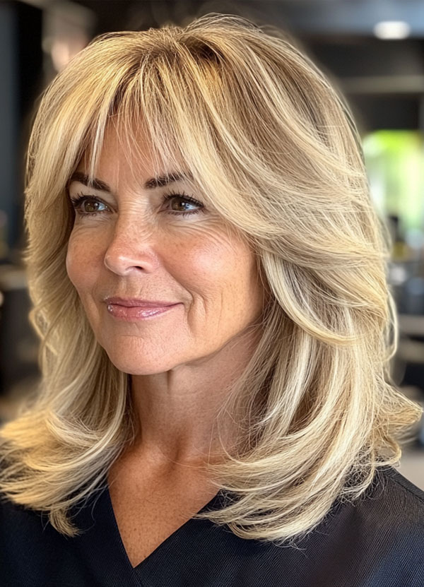 Golden Blonde Layers, medium-length layered haircuts, mid-length hairstyle for women Over 60 