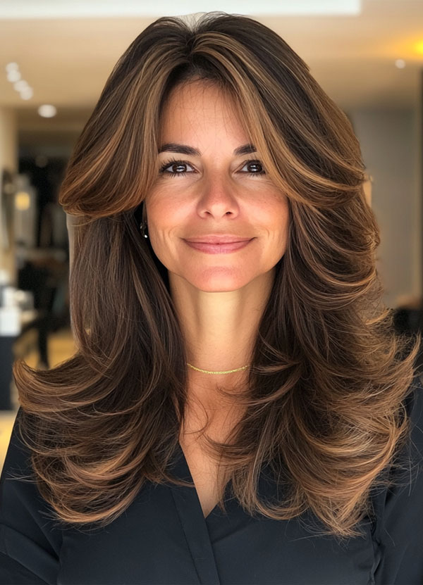 Bouncy Brunette Layers with curtain bangs, layered haircut for women over 40