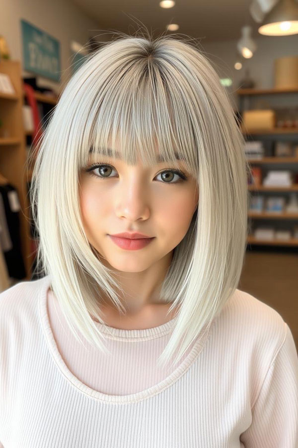 Playful Platinum Bob with Baby Bangs, icy platinum long bob, icy platinum lob