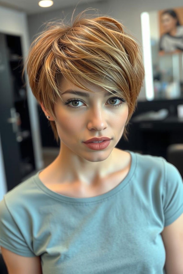 Golden Pixie Layers, pixie hairstyle, short haircut 