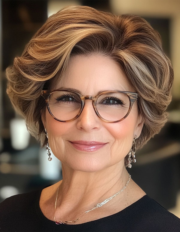 Elegant chestnut Volume Bob, Short Haircut For Women Over 60 with Glasses