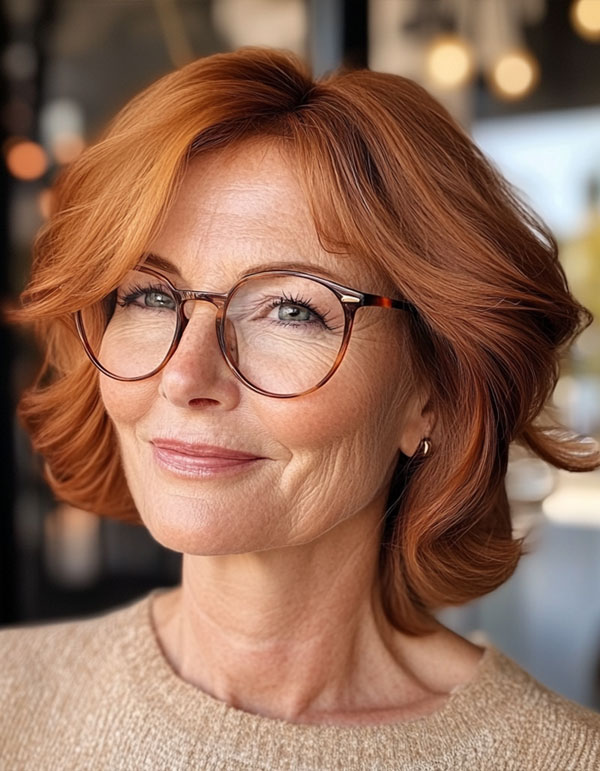 Auburn Layered Haircut, Medium-Length Haircut For Women Over 60 with Glasses