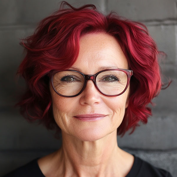 Bold Red Waves Bob, Short Haircut For Women Over 60 with Glasses