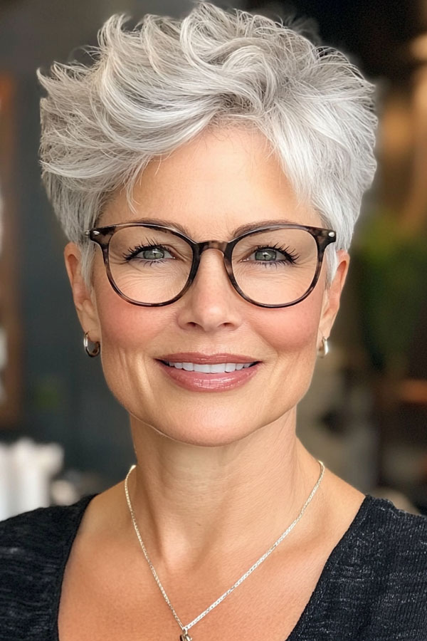 Silver Fox Tousled Layered Pixie, Pixie Haircut For Women Over 60 with Glasses