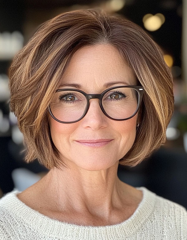 Classic Bob with Caramel Highlights, Medium-Length Haircut For Women Over 60 with Glasses