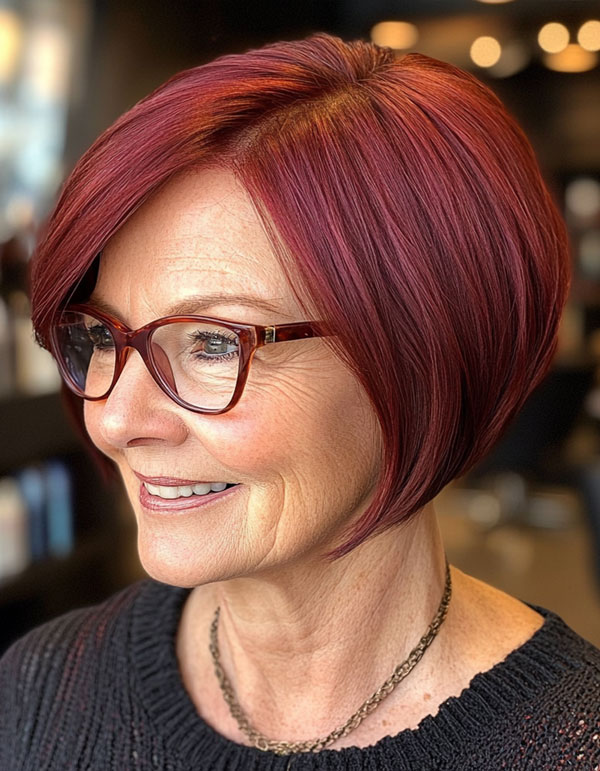 Vibrant Burgundy Bob, Bob Haircut For Women Over 60 with Glasses