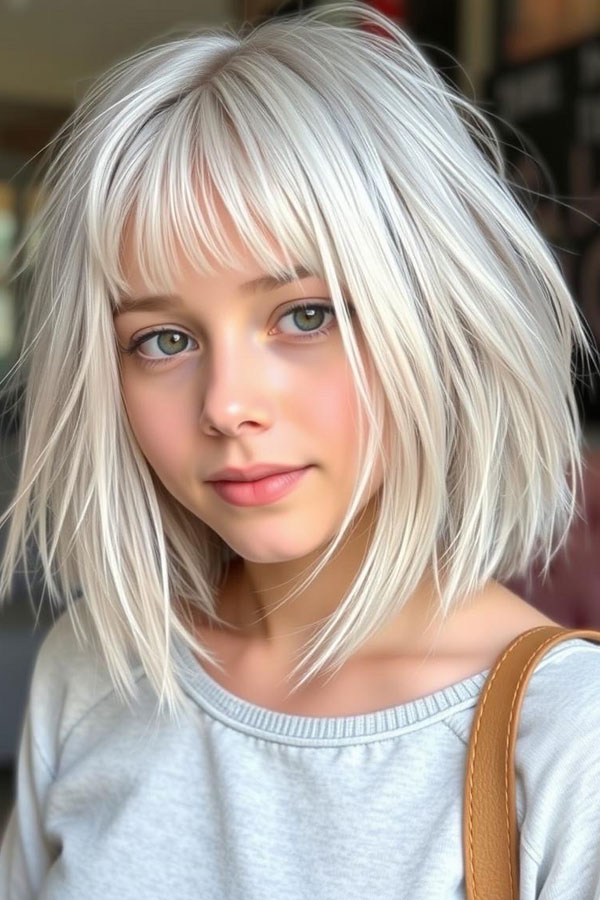 Messy Chic Platinum Bob, icy platinum long bob, icy platinum lob