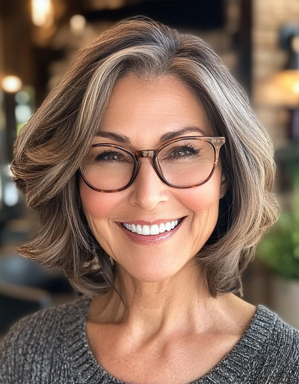 28 Medium-Length Haircuts For Women Over 60 with Glasses