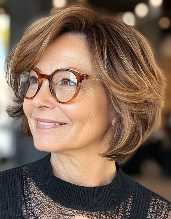 Chestnut Brown Soft Layered Bob, Bob Haircut For Women Over 60 with Glasses