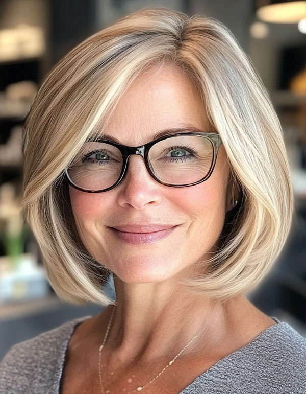 Elegant Blonde Sleek Layered Bob, Bob Haircut For Women Over 60 with Glasses