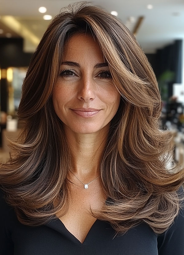 Chocolate Brown Layers with Caramel Highlights, layered haircut for women over 40