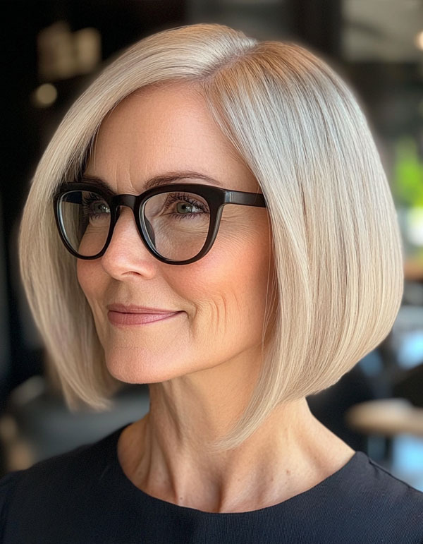 Sleek Champagne Bob, Bob Haircut For Women Over 60 with Glasses