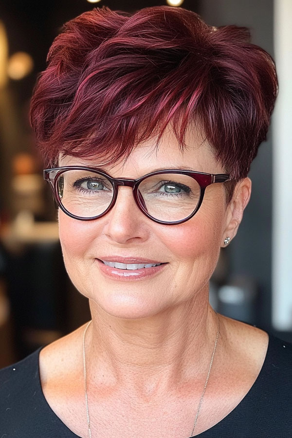 Rich Burgundy Pixie, Pixie Haircut For Women Over 60 with Glasses