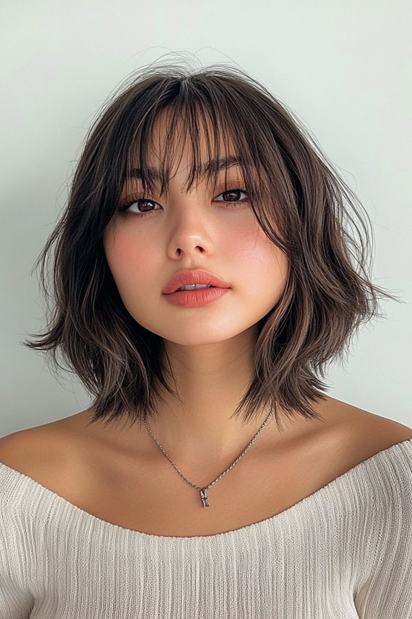 Ash Brown Shag Long Bob with Wispy Bangs, Medium-Length shaggy haircut with bangs