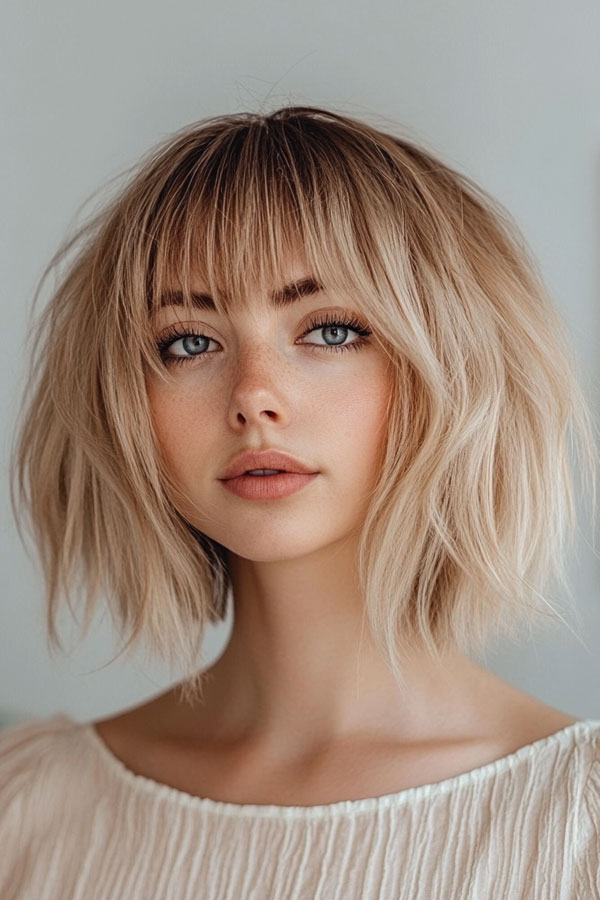 Blonde Shag Lob with Wispy Bangs, medium-length bob shaggy haircut