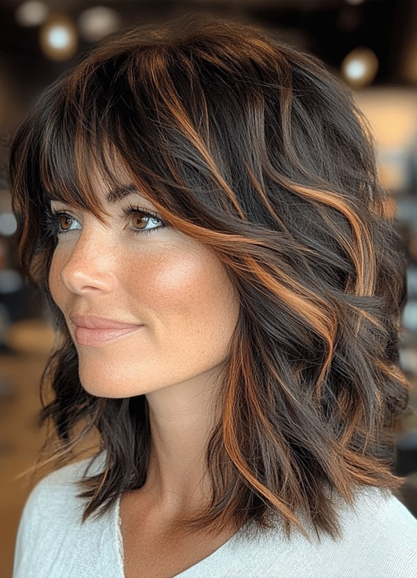 Brunette Shag Lob with Caramel Highlights, Medium-Length shaggy haircut with bangs