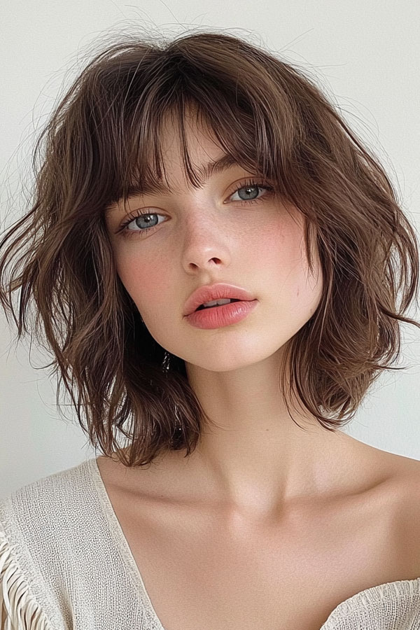 Chocolate Brown Shag Lob with Messy Waves, textured shaggy long bob, medium-length shag bob haircut