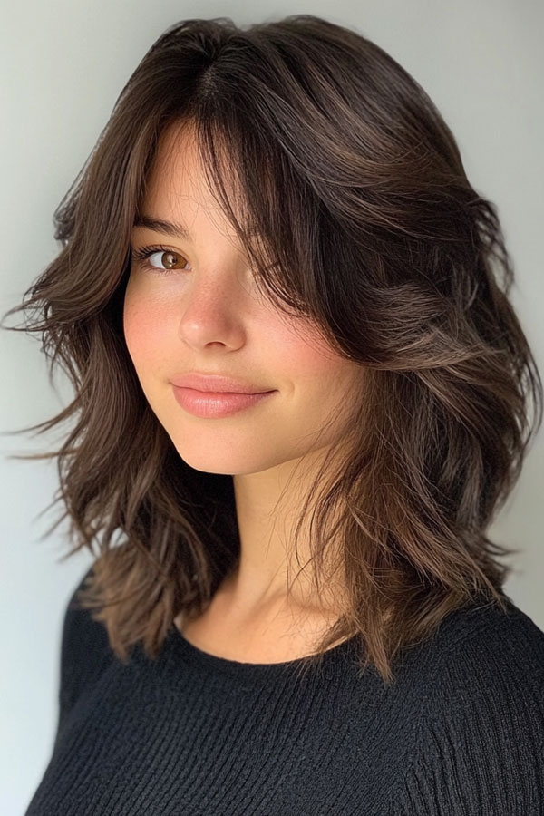 Deep Brunette Shag Lob with Flowy Layers, long bob shag haircut