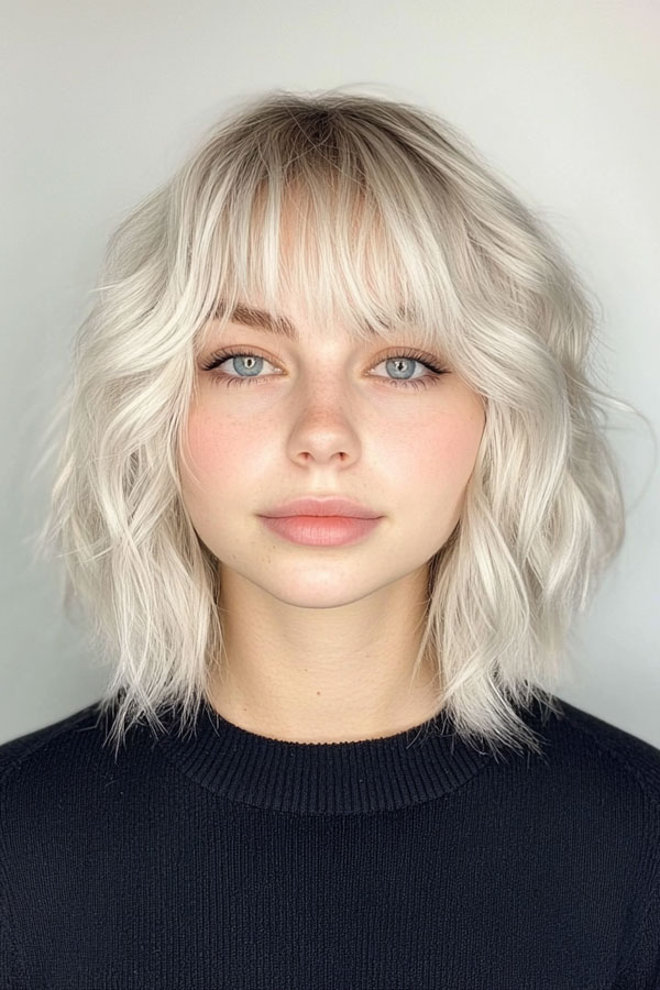 Icy Blonde Shag Lob with Soft Waves, long bob shaggy haircut with fringe