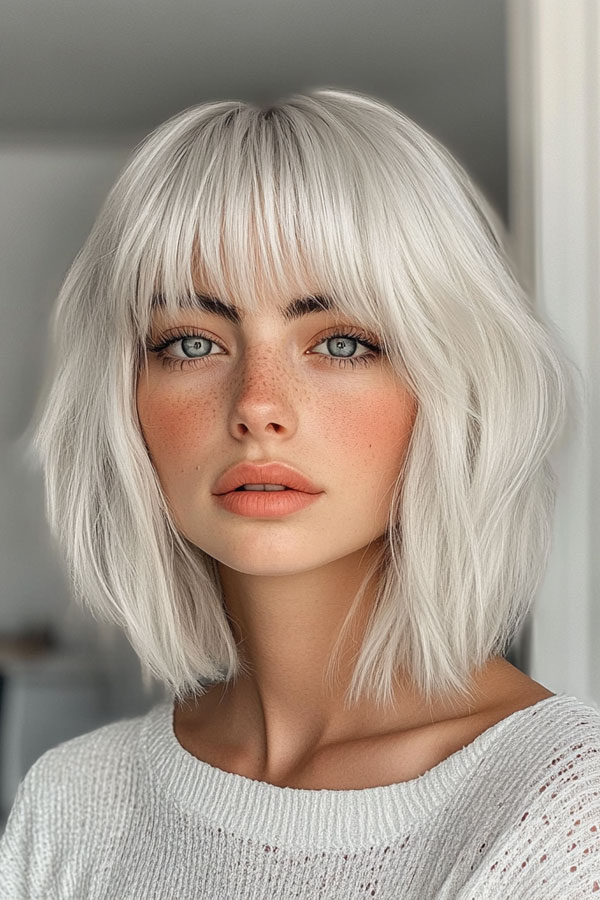 Icy Blonde Shag with Blunt Bangs, textured shaggy long bob, medium-length shag bob haircut