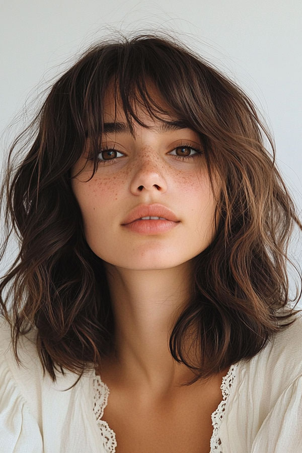 Mocha Brown Shag Lob with Subtle Layers, textured shaggy long bob, medium-length shag bob haircut