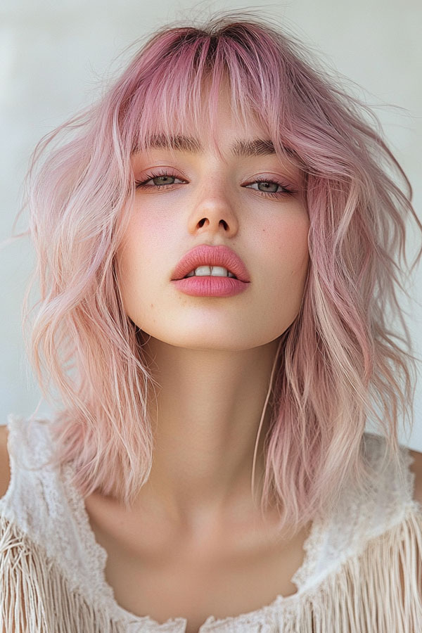 Pastel Pink Shag with Tousled Texture Long Bob, textured shaggy long bob, medium-length shag bob haircut