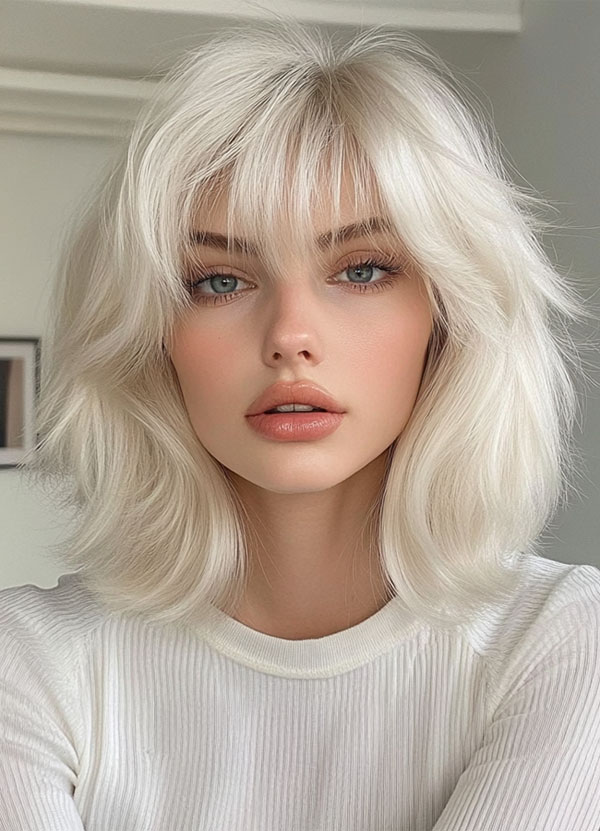 Platinum Blonde Shag Lob with Voluminous Layers, textured shaggy long bob, medium-length shag bob haircut