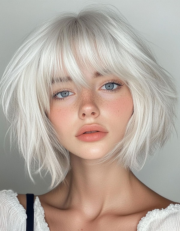 Platinum Shag with Full Fringe, textured shaggy long bob, medium-length shag bob haircut