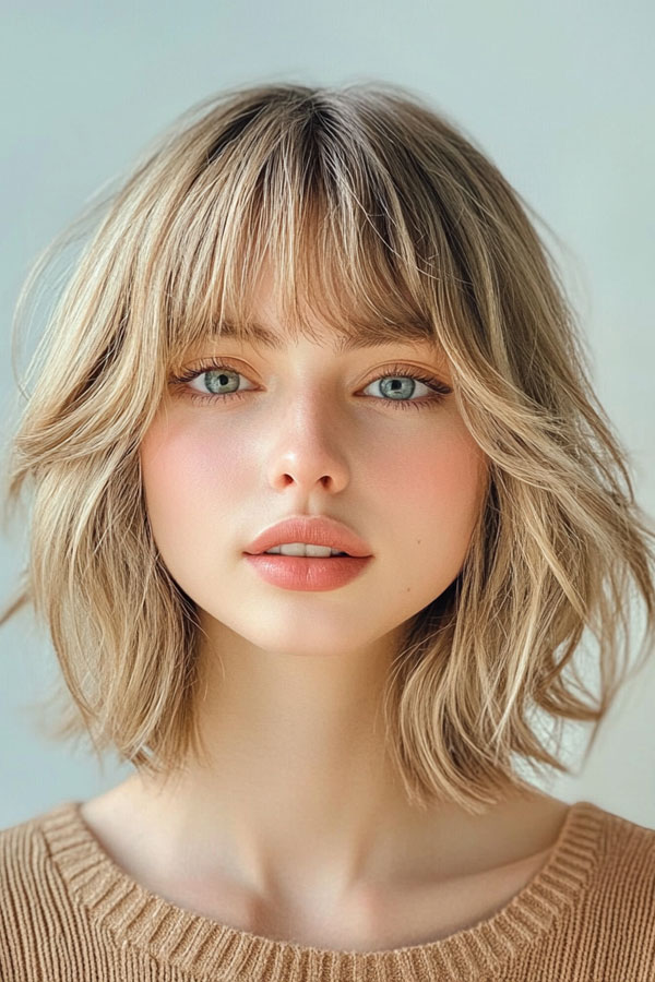 Sandy Blonde Shag Lob with Soft Texture, textured shaggy long bob, medium-length shag bob haircut