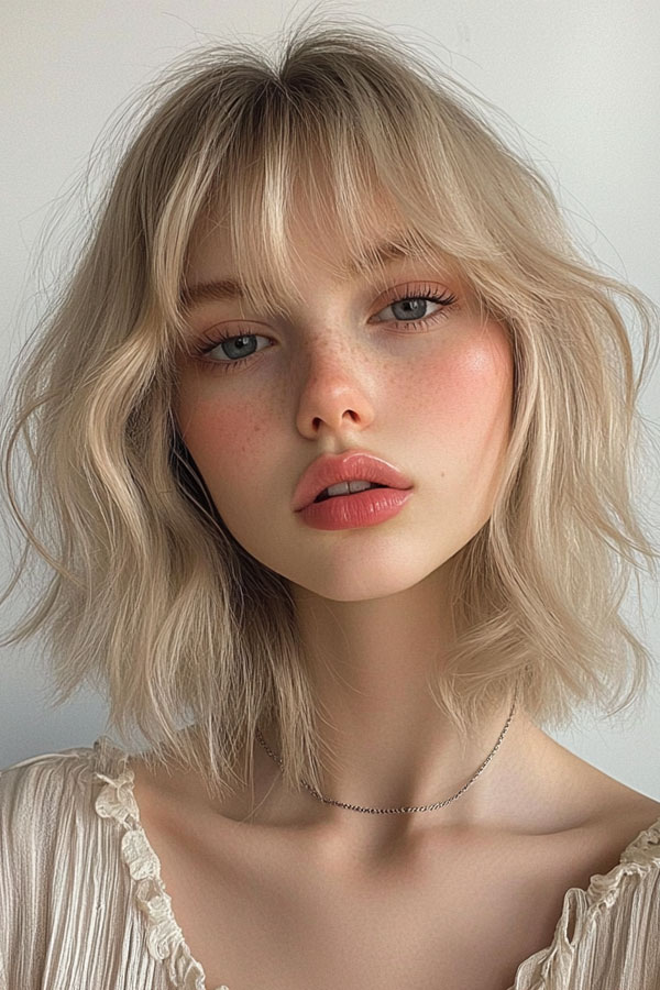 Soft Beige Shag Lob with Wispy Waves, textured shaggy long bob, medium-length shag bob haircut