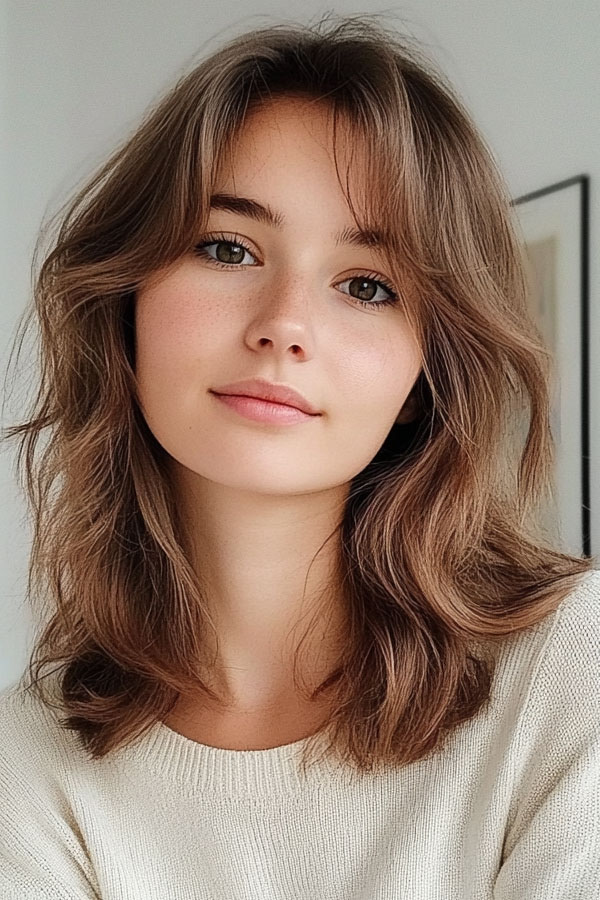 Soft Chestnut Shag Long Bob with Curtain Bangs