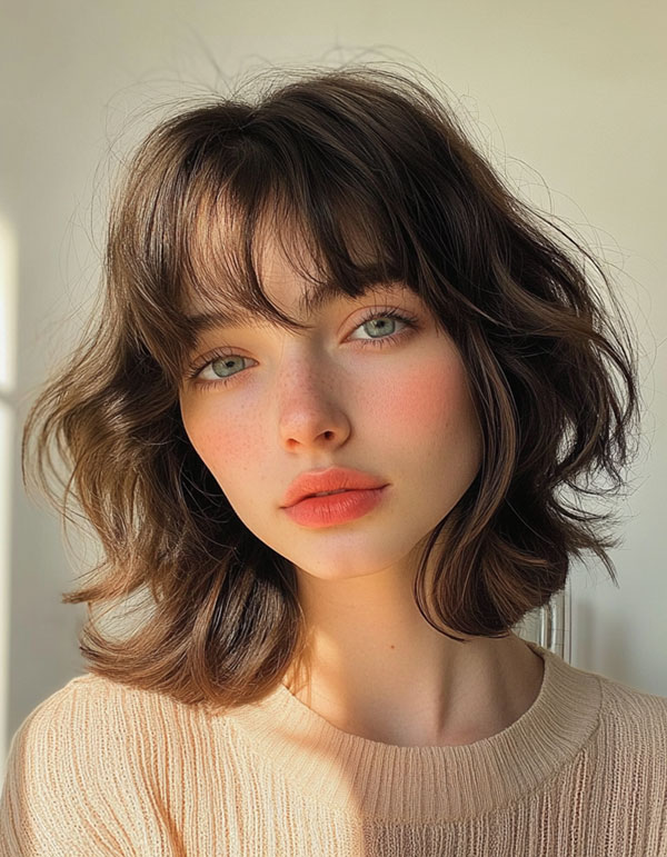 Soft Chocolate Shag with Gentle Waves, textured shaggy long bob, medium-length shag bob haircut