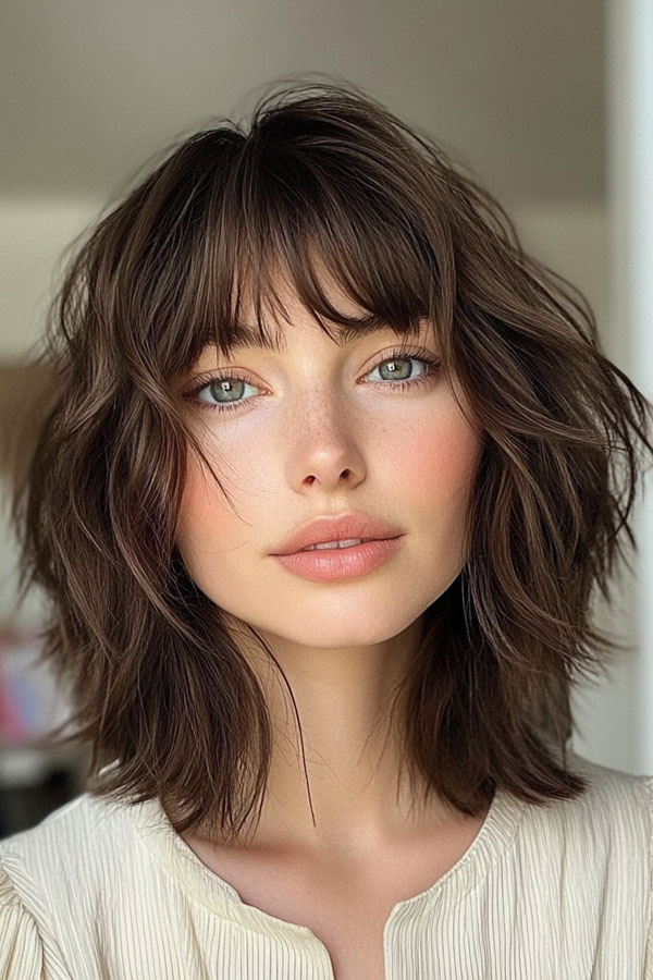 Sun-Kissed Shaggy Lob, textured shaggy long bob, medium-length shag bob haircut