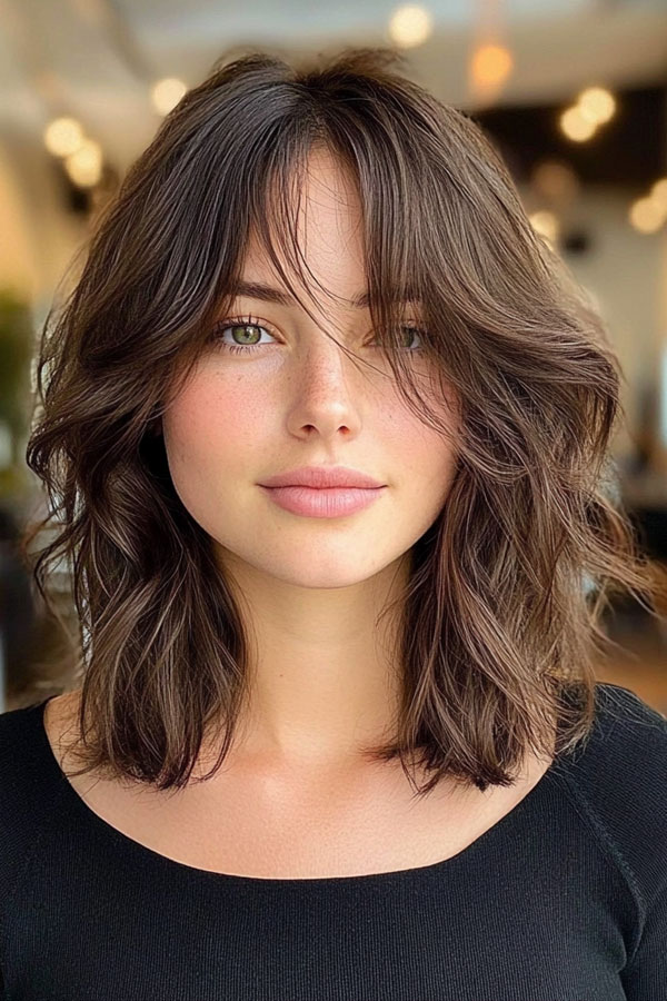 Textured Brunette Shag Lob with Curtain Bangs, Medium-Length shaggy haircut 