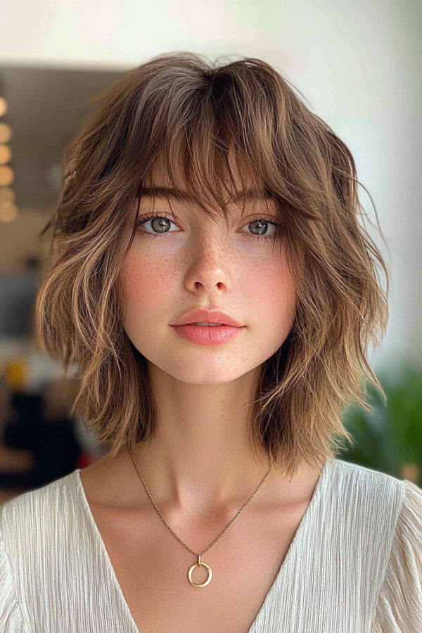 Warm Honey Shag with Textured Fringe, long bob shaggy haircut with fringe