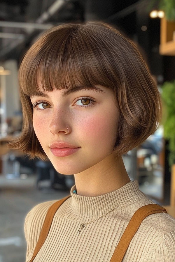 Vintage-Inspired Bob with Rounded Fringe, bob haircuts with fringe, bob hairstyles with bangs