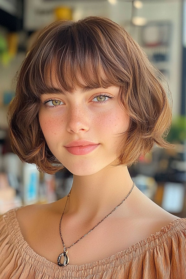 Playful Wavy Bob with Light Fringe, bob haircuts with fringe, bob hairstyles with bangs