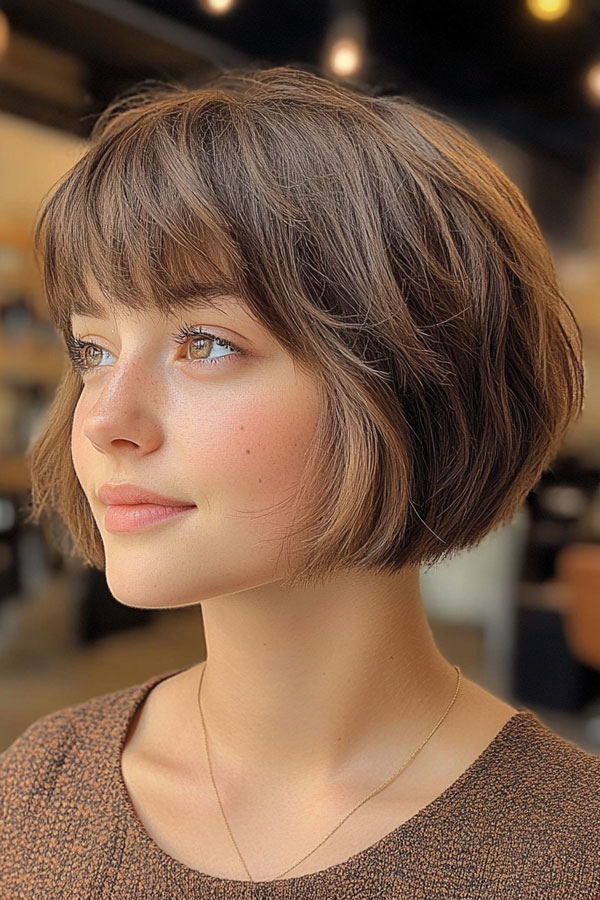 Textured Bob with Effortless Layers, bob haircuts with fringe, bob hairstyles with bangs