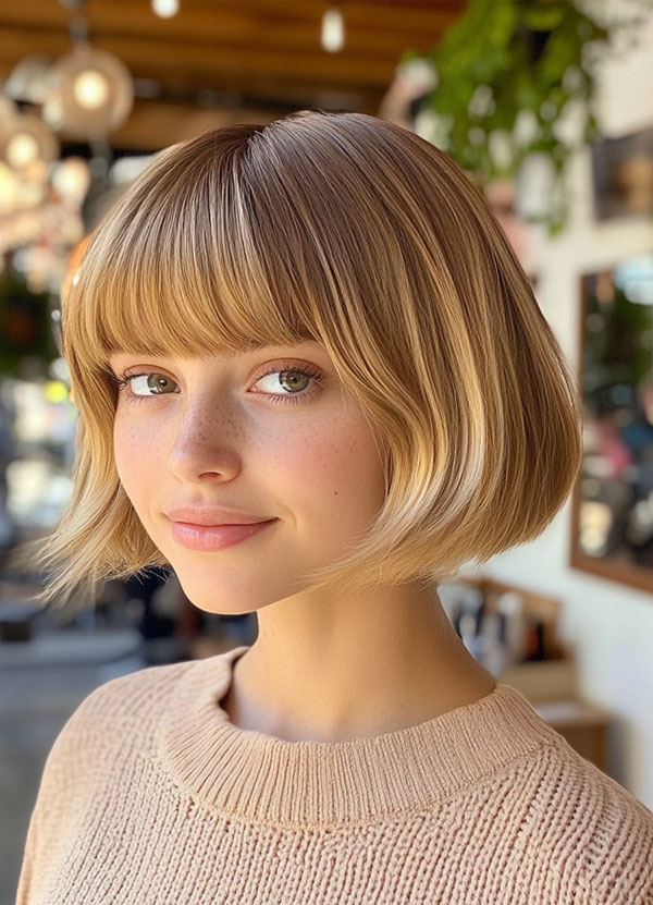 Sun-Kissed Blonde Bob with Classic Fringe, bob haircuts with fringe, bob hairstyles with bangs