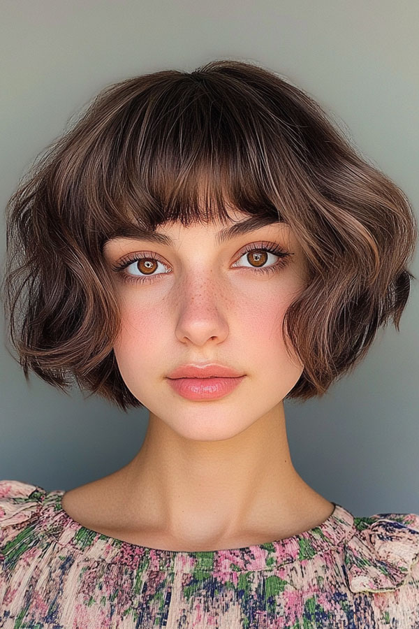 Wavy Chestnut Bob with Choppy Fringe, bob haircuts with fringe, bob hairstyles with bangs