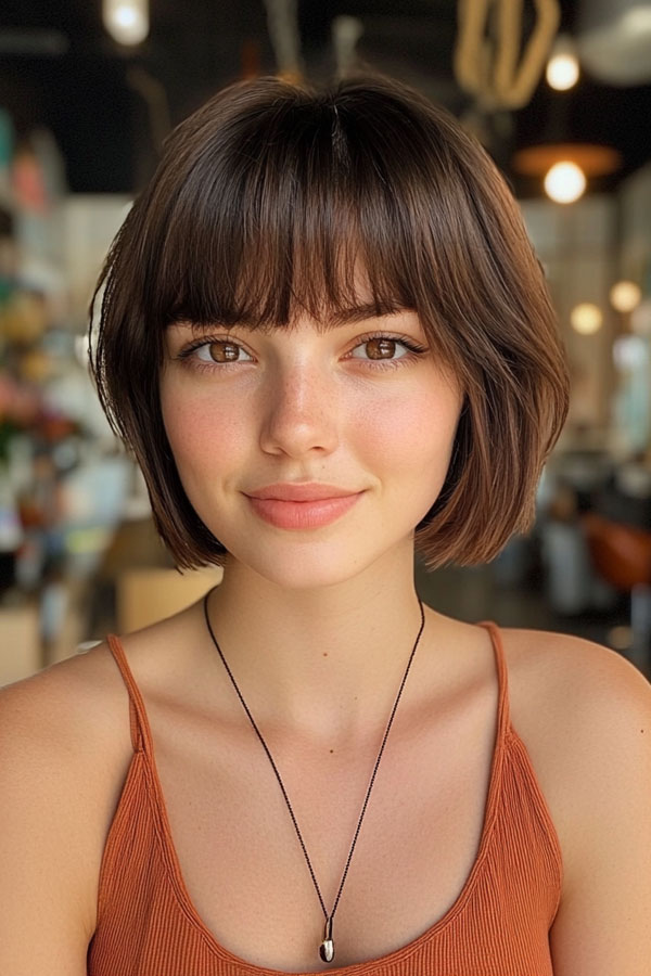 Sleek Brown Bob with Full Fringe, bob haircuts with fringe, bob hairstyles with bangs