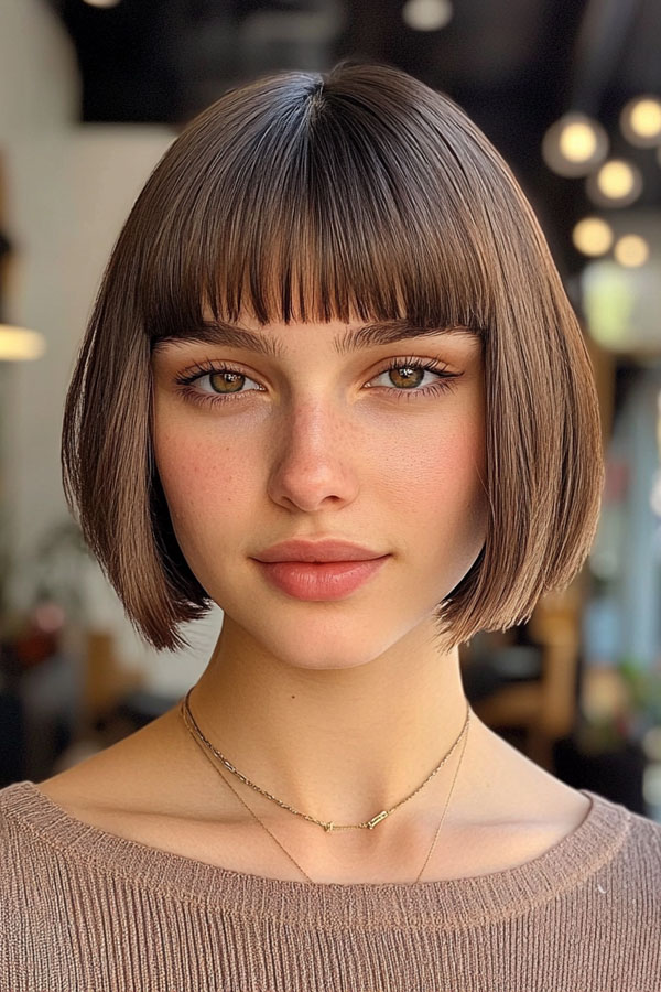 Polished Brunette Bob with Micro Fringe, bob haircuts with fringe, bob hairstyles with bangs