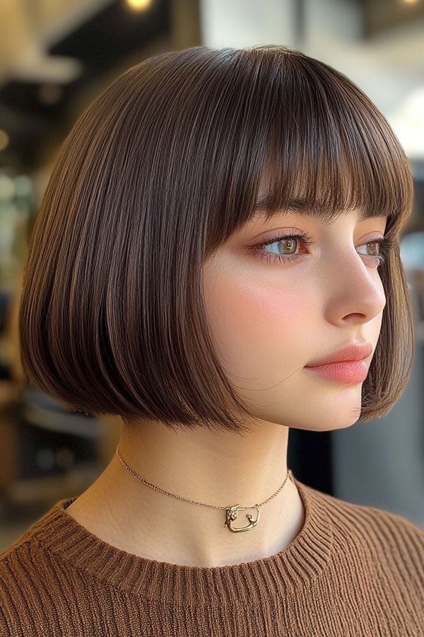 Sleek Chocolate Brown Bob with Blunt Fringe, bob haircuts with fringe, bob hairstyles with bangs