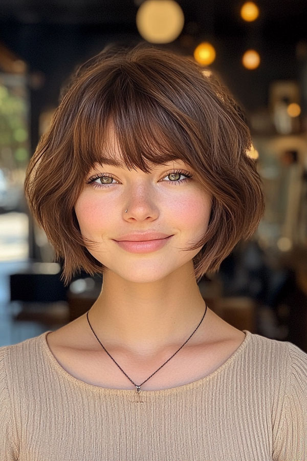 Tousled Auburn Bob with Feathered Fringe, bob haircuts with fringe, bob hairstyles with bangs