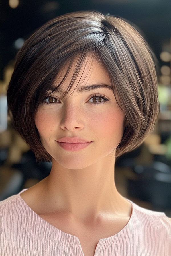 Soft Brunette Bob with Wispy Fringe, bob haircuts with fringe, bob hairstyles with bangs