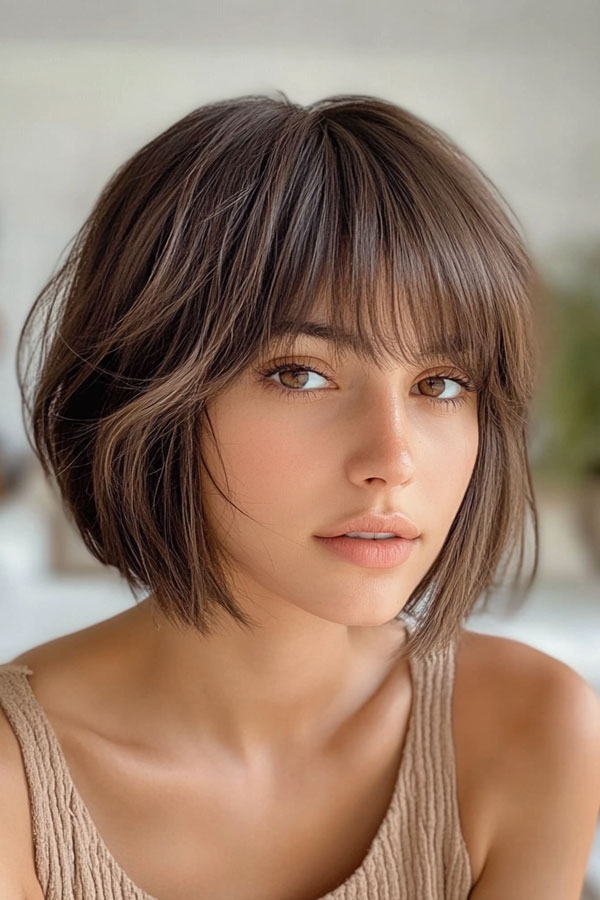 Messy Layered Bob with Wispy Bangs, bob haircuts with fringe, bob hairstyles with bangs