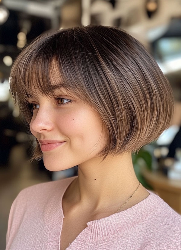 Textured Ash Brown Bob with Soft Fringe, bob haircuts with fringe, bob hairstyles with bangs