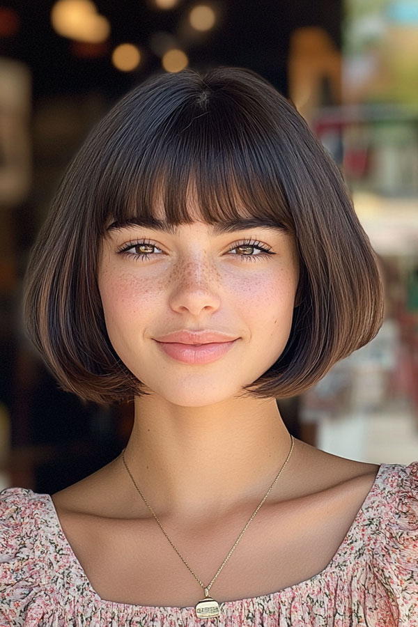 Classic Rounded Bob with Full Fringe, bob haircuts with fringe, bob hairstyles with bangs